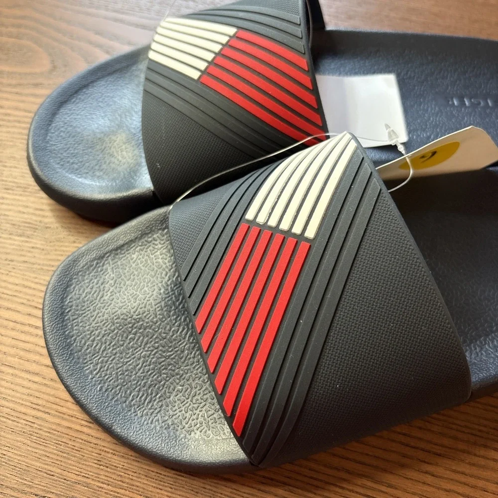 Tommy Hilfiger Slides Mens 9 Sandals Flag Logo Navy Blue White Red NEW